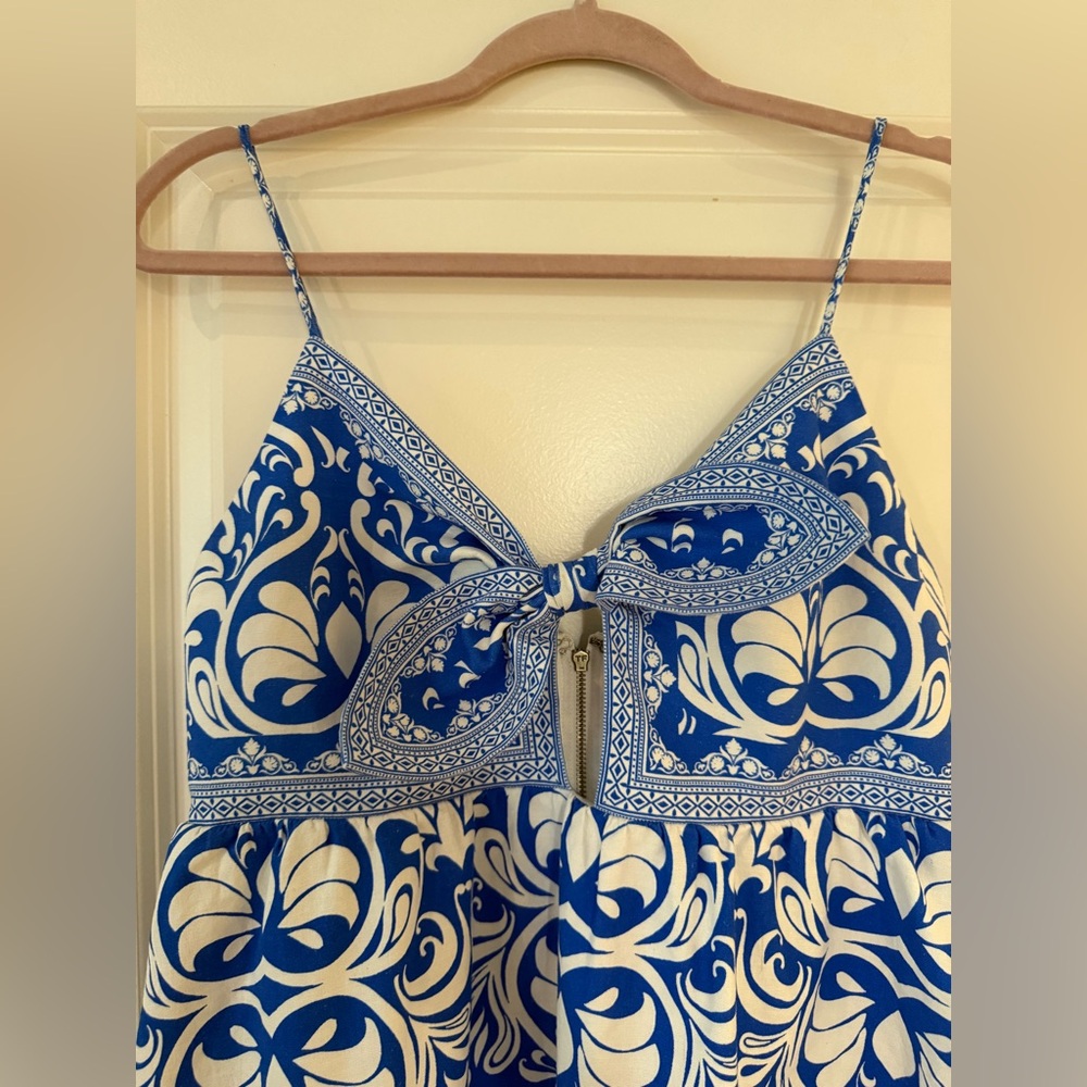 Alice + Olivia Blue and White Floral Dress Melvina Bow Mini Linen - Picture 3 of 11